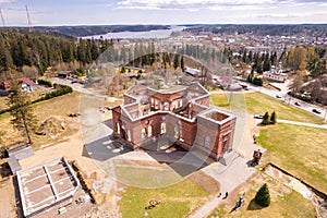 Aerial top view to Yakkima kircha, church ruins which nowadays City of Angels Museum Lahdenpohja. Bird s eye view to