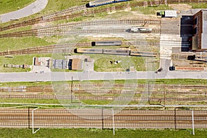 Aerial top view of trains on railroad track. industrial background