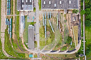 Aerial top view of a tram depot