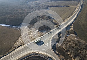 Aerial Top View of Truck with Cargo Semi Trailer Moving on Road in Direction