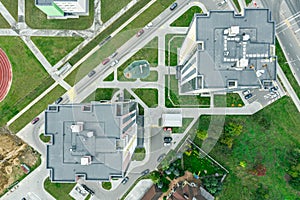 Aerial top view of typical multistory apartment complex. drone photo