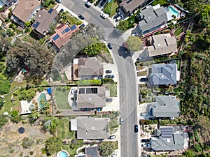 Aerial top view of upper middle class neighborhood street with residential house and swimming pool