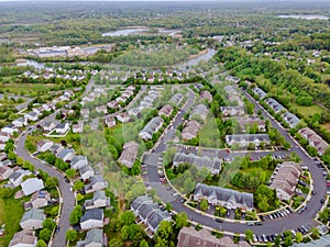 Aerial top view of urban landscape roofs of neighborhood with houses