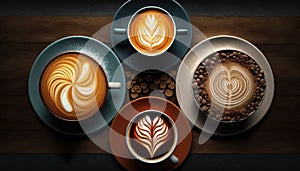 Aerial top view various of coffee latte art, cappuccino, black coffee in cup on wooden table, hot beverage, Morning drinks with