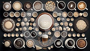 Aerial top view various of coffee latte art, cappuccino, black coffee in cup on wooden table, hot beverage, Morning drinks with