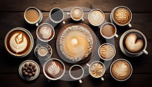 Aerial top view various of coffee latte art, cappuccino, black coffee in cup on wooden table, hot beverage, Morning drinks with