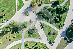 Aerial top view of walking paths on summer park