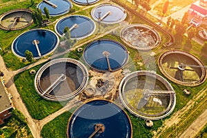 Aerial top view of wastewater treatment plant, filtration of dirty or sewage water