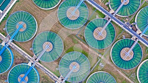 Aerial top view water treatment plant, Aerial top view recirculation solid contact clarifier sedimentation tank