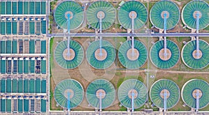 Aerial top view water treatment plant, Aerial top view recirculation solid contact clarifier sedimentation tank