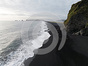Aerial top view of wave of Black Sand Beach Reynisfjara in Iceland