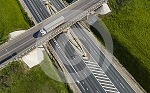 Aerial Top View of White Truck with Cargo Semi Trailer Moving on