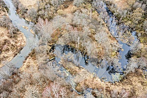 Aerial top view of winding river in wetlands. spring landscape