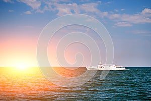 Aerial top view yacht sailing in sea