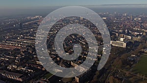 Aerial top view of Zwolle, surrounded by houses, green trees and canal