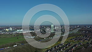 Aerial top view of Zwolle, surrounded by houses, green trees and canal