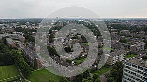 Aerial top view of Zwolle, surrounded by houses, green trees and canal