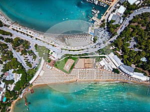 Aerial topdown view of the famous Astir luxury retreat beach