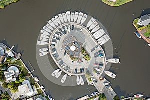 Aerial topshot from boats at a marina in Friesland in the Netherlands