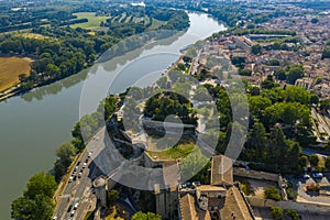 Aerial townscape view of Avignon city by the Rhone river
