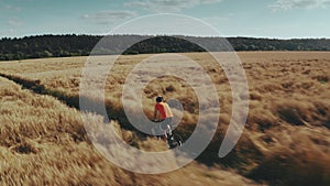 Aerial tracking shot of a young athletic man cycling fast along rural field pathway