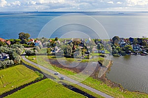 Aerial from the traditional village Uitdam at the IJsselmeer in the Netherlands