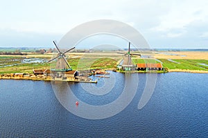 Aerial from traditional windmills at Zaanse Schans in Nether