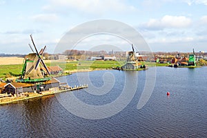 Aerial from traditional windmills at Zaanse Schans the Nether