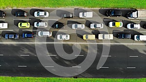 Aerial. Traffic jam with cars on a highway.