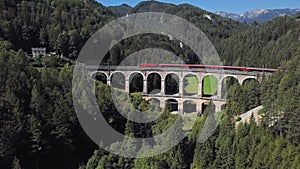 Aerial of train on viaduct in Semmering railway, Austria