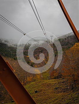 Aerial tram cabling up a mountain in New Hampshire, USA
