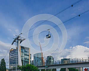 Aerial tram car over buildings and blue sky in Portland, USA