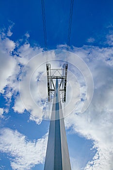 Aerial tram tower against blue sky and clouds in Portland, USA