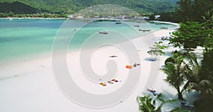 Aerial Tropical Beach Coast Vacationer Rest View. Exotic Island Shore Landscape Palm Trees Sailboat