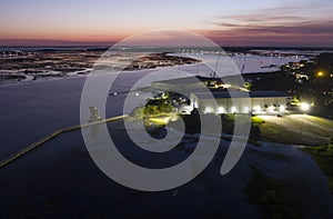 Aerial twilight view of the coastal area of Port Royal, South Carolina with industrial area