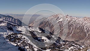 Aerial of Two Mountains Looking Towards Valley