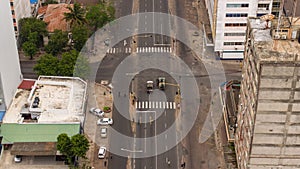 Aerial urban intersection with zebra crossing