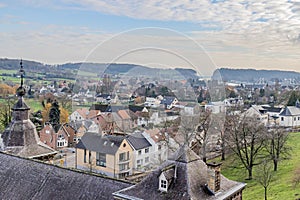 Aerial urban landscape of a small town among the Dutch countryside with its green meadows