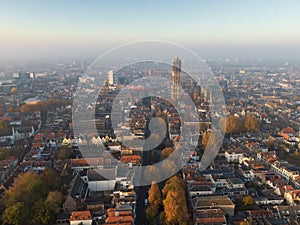 Aerial of Utrecht city center with dom church and canal