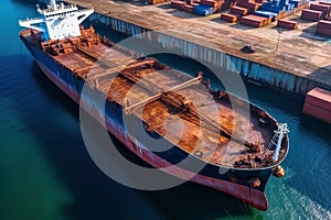 Aerial veaw a Large container ship is leaving the port full loaded with containers and cargo. Generative AI