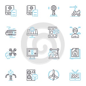 Aerial vehicles linear icons set. Drs, Helicopters, Balloons, Blimps, Planes, Paragliders, Zeppelins line vector and