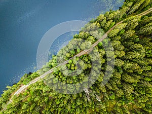 aerial veiw of empty road in green forest with the blue lake. drone shot