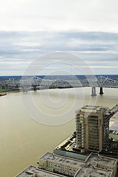 Aerial vertical of Mississippi River at New Orleans, Louisiana, United States