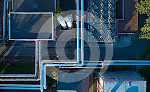 Aerial, vertical view of heating plant and its pipes