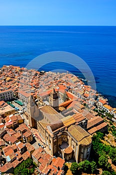 Aerial vertical view of village and cathedral in Cefalu, Sicily