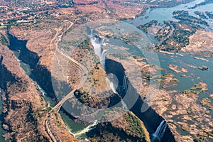 Aerial of Victoria Falls and Bridge