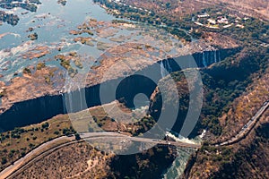 Aerial of Victoria Falls and Bridge