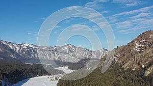 Aerial video of Altai mountains and river Katun in winter season