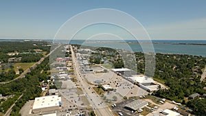 Aerial video Arendell Street Morehead City lined with shops and businesses