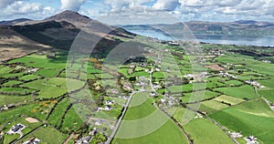 Aerial video of Barnevave and Slieve Foye Mountains Glenmore Valley Cooley Peninsula Carlingford Lough Irish Sea Ireland